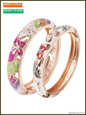 Cloisonne Enamel Bangle Bracelets 2 Pc Set Alloy Spring Hinged Butterfly